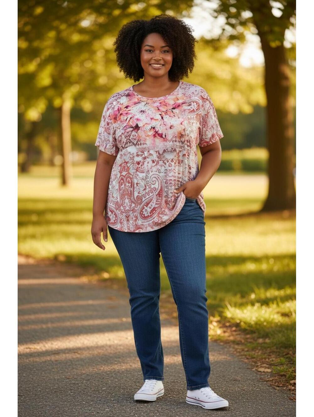 JM Collection Woman 3X Floral and Paisley Print Short Sleeve Top